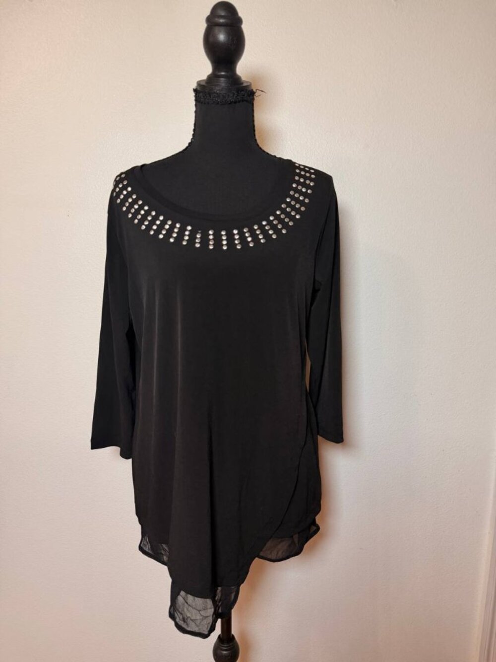 Christopher & Banks Black Silver Studded Tunic Top Sheer Layered Hem Rocker Glam